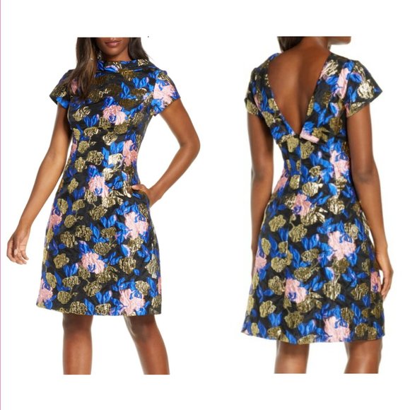 Mark + James Badgley Mischka Metallic Floral Jacquard Fit & Flare Dress - Picture 2 of 15